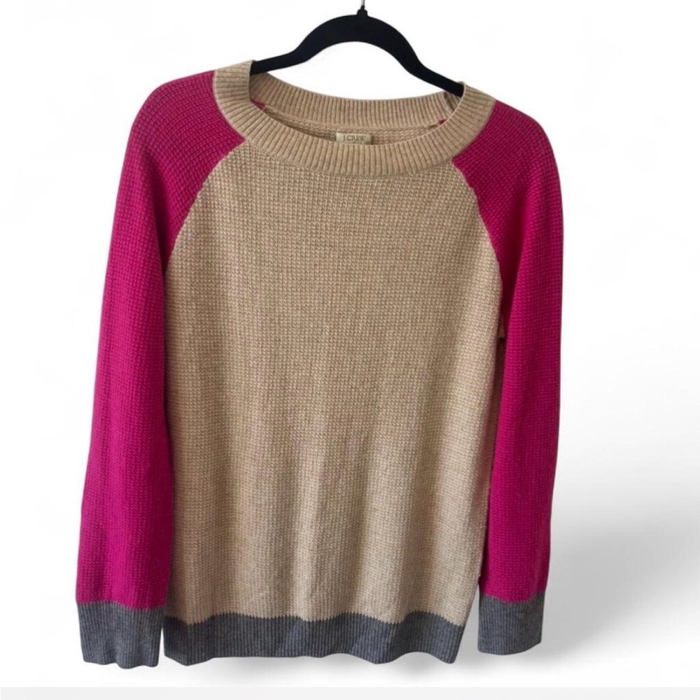 J Crew Wool Blend Women’s Waffle Knit Colorblock Crew Neck Sweater Tan Pink Med